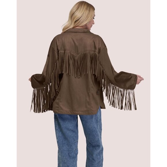 Women's Faux Suede Fringe Jacket Vintage Western Cowgirl Tassel Jackets Coffee - Picture 6 of 7